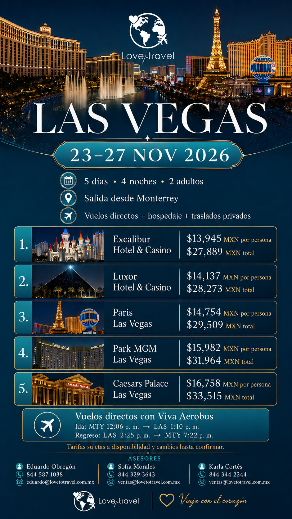 Paquete a Las Vegas del 23 al 27 de noviembre de 2026 para dos adultos, con vuelos directos, hospedaje y traslados privados
